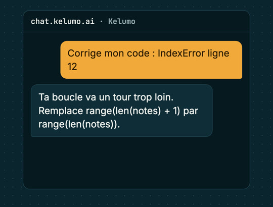 Kelumo's chat answers the same coding question.