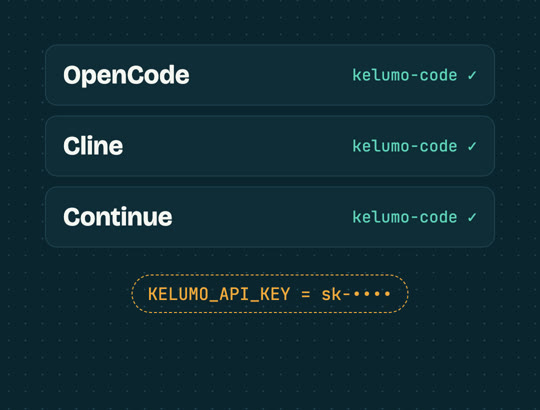 OpenCode, Cline and Continue all connected with one Kelumo key.